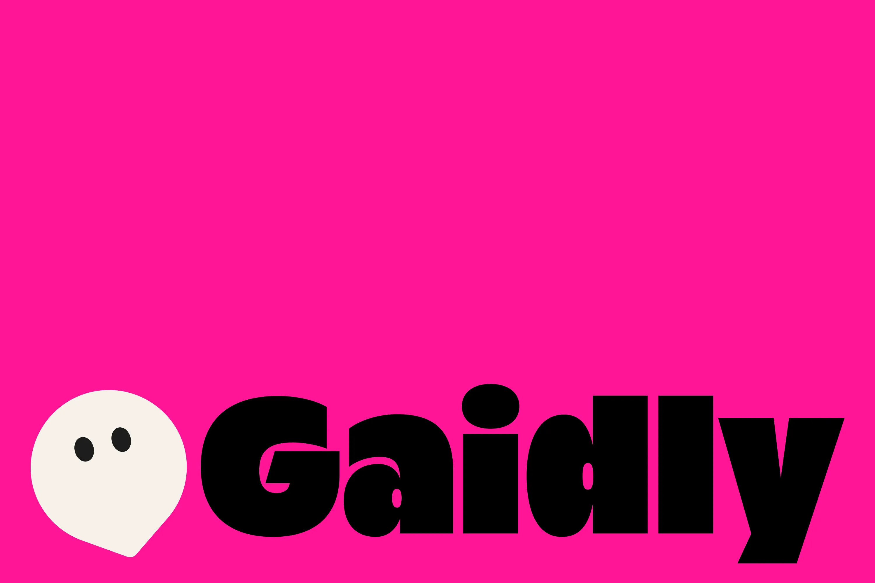 Gaidly wordmark and face-shaped location pin on hot pink.