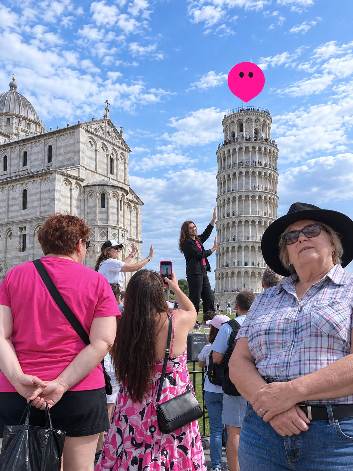 Gaidly location pin above the Leaning Tower of Pisa with travelers in the foreground.