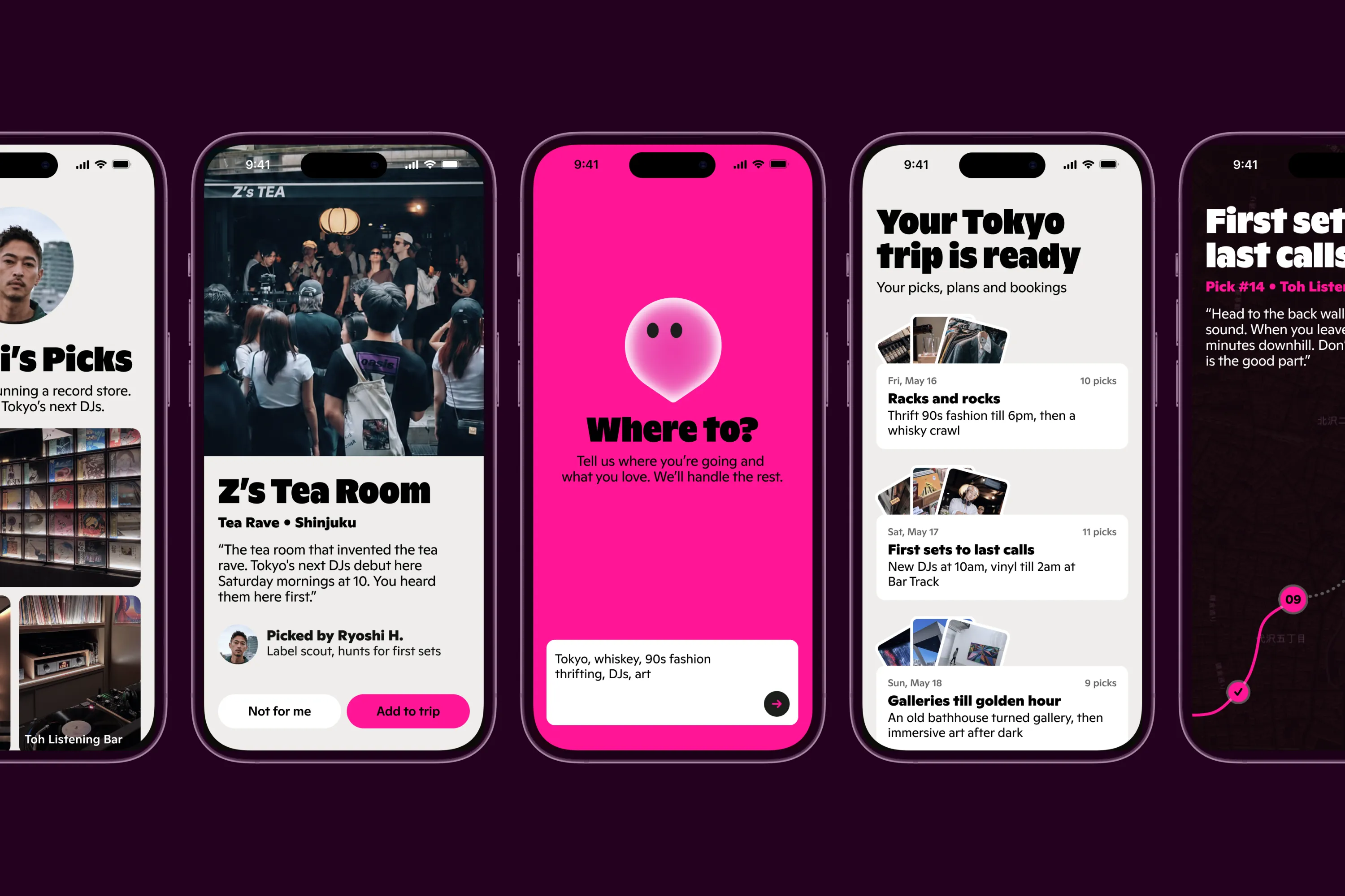 Gaidly mobile screens for local recommendations and trip planning.