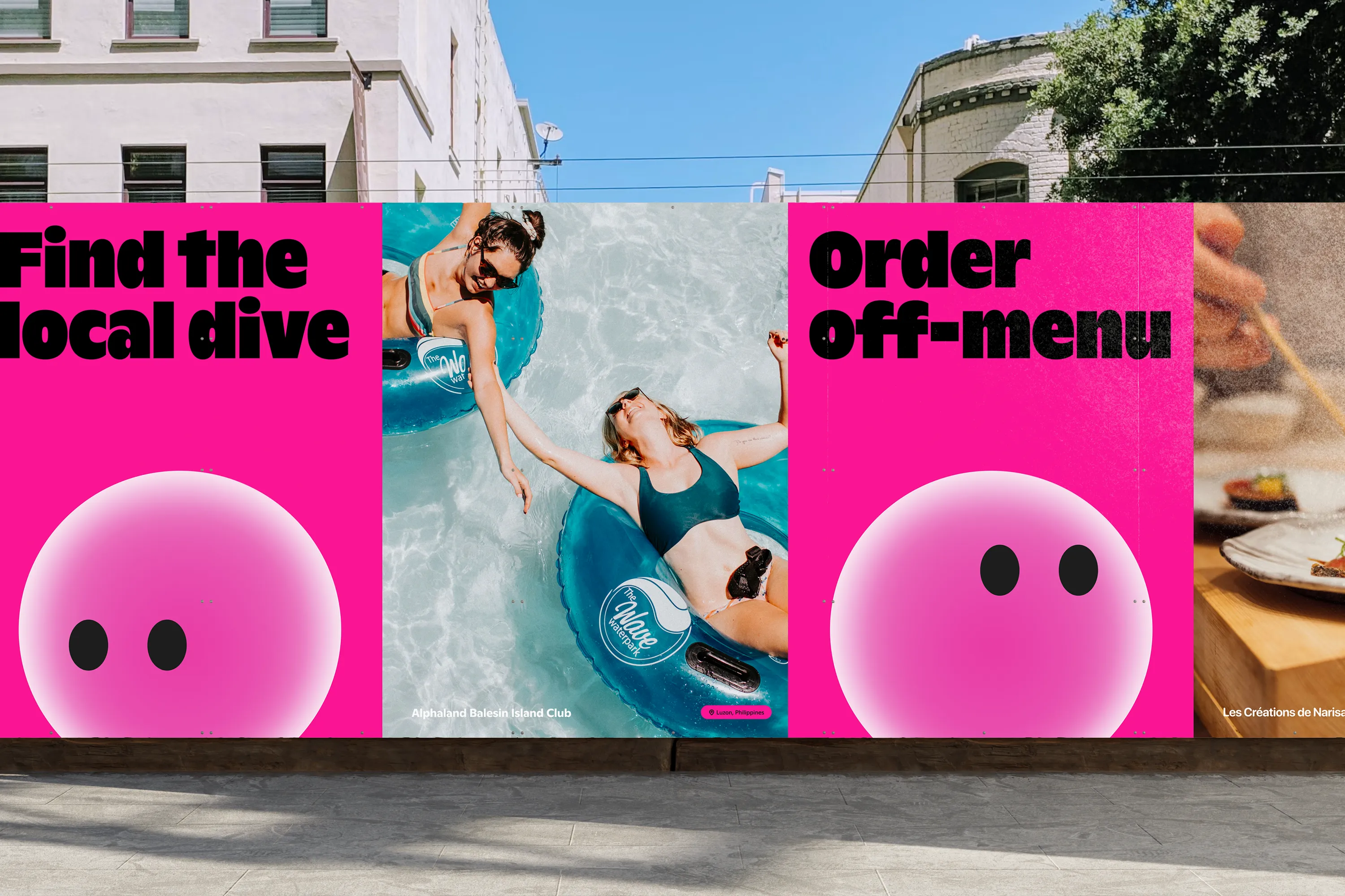 Gaidly outdoor posters promoting local dives and off-menu discoveries.