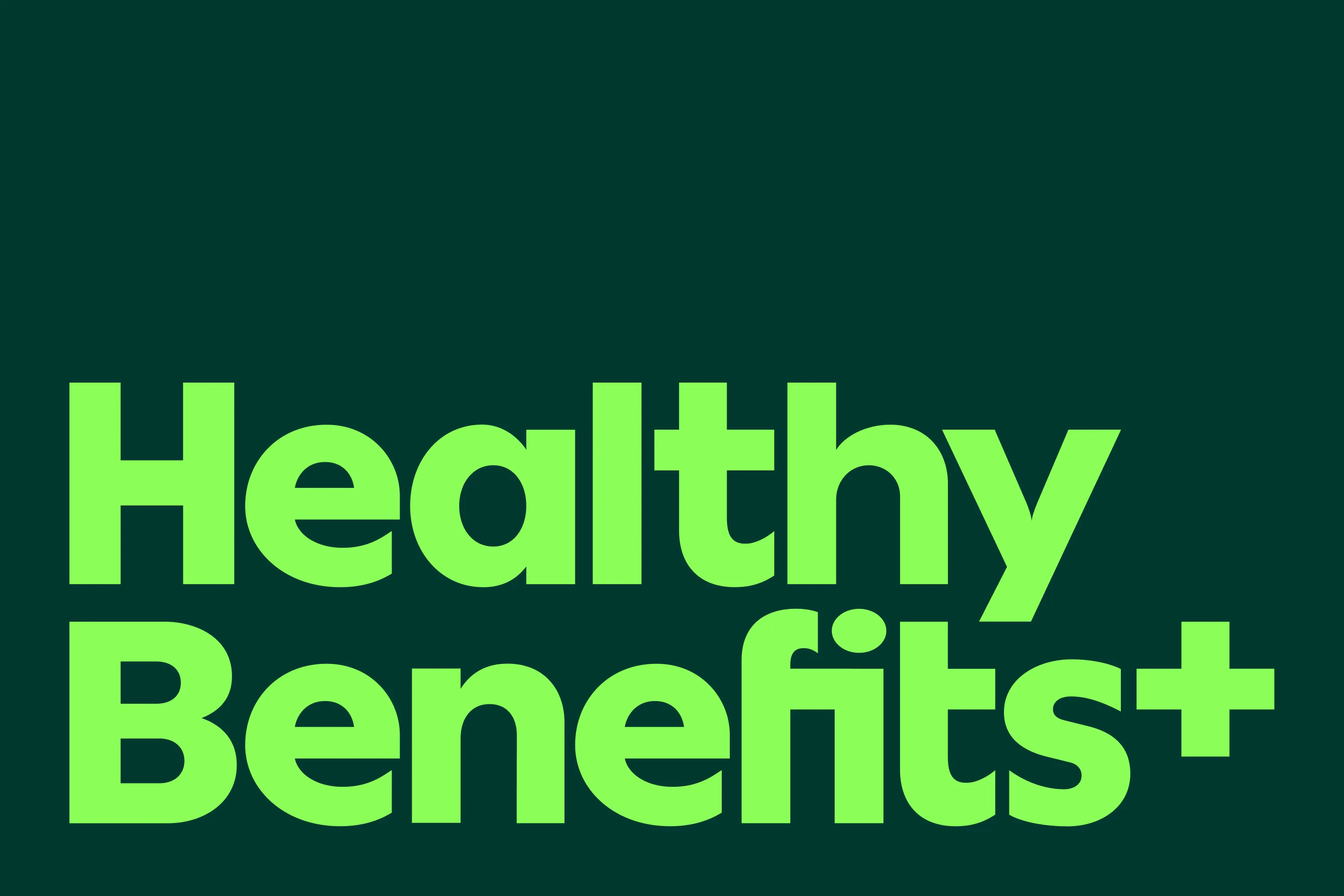 Healthy Benefits+ wordmark in bright green on a dark green background.