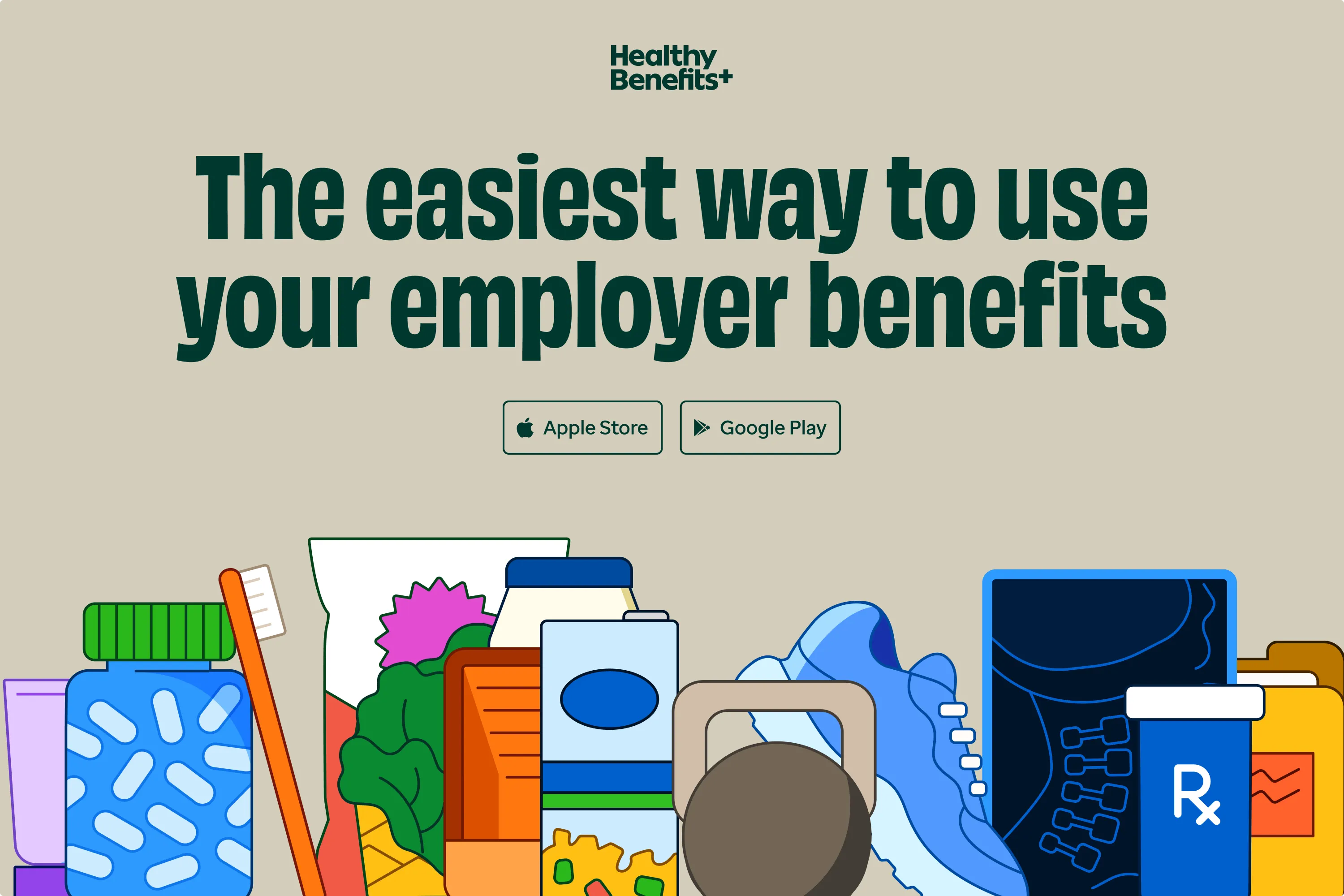 Healthy Benefits+ website with illustrated everyday purchases and employer benefits messaging.