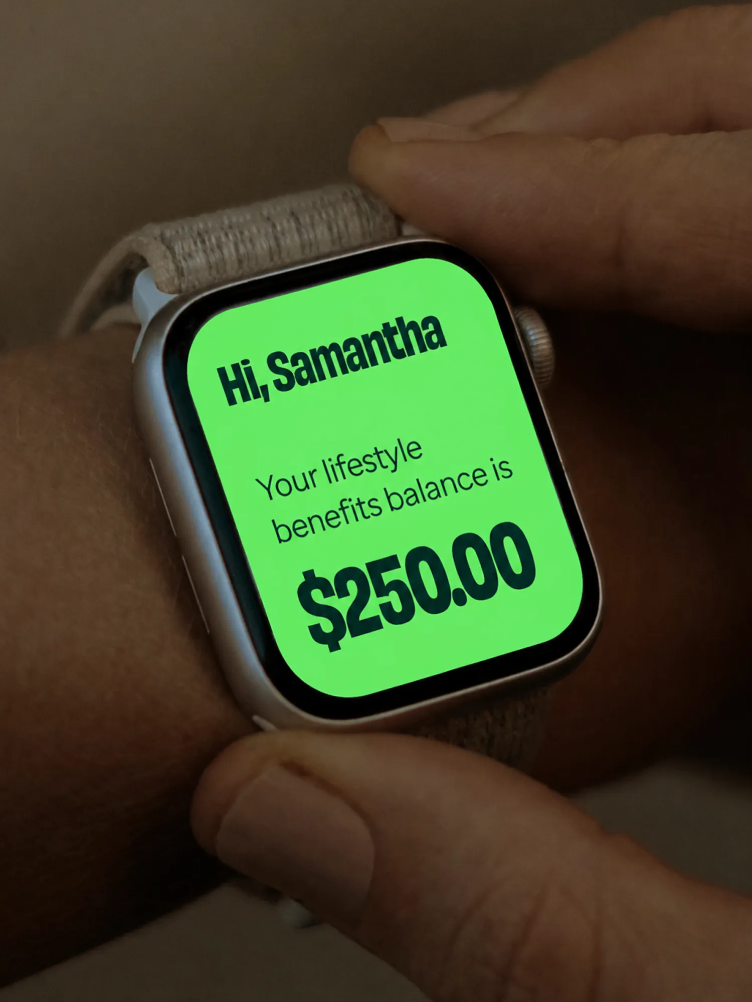 Healthy Benefits+ balance shown on a smartwatch.