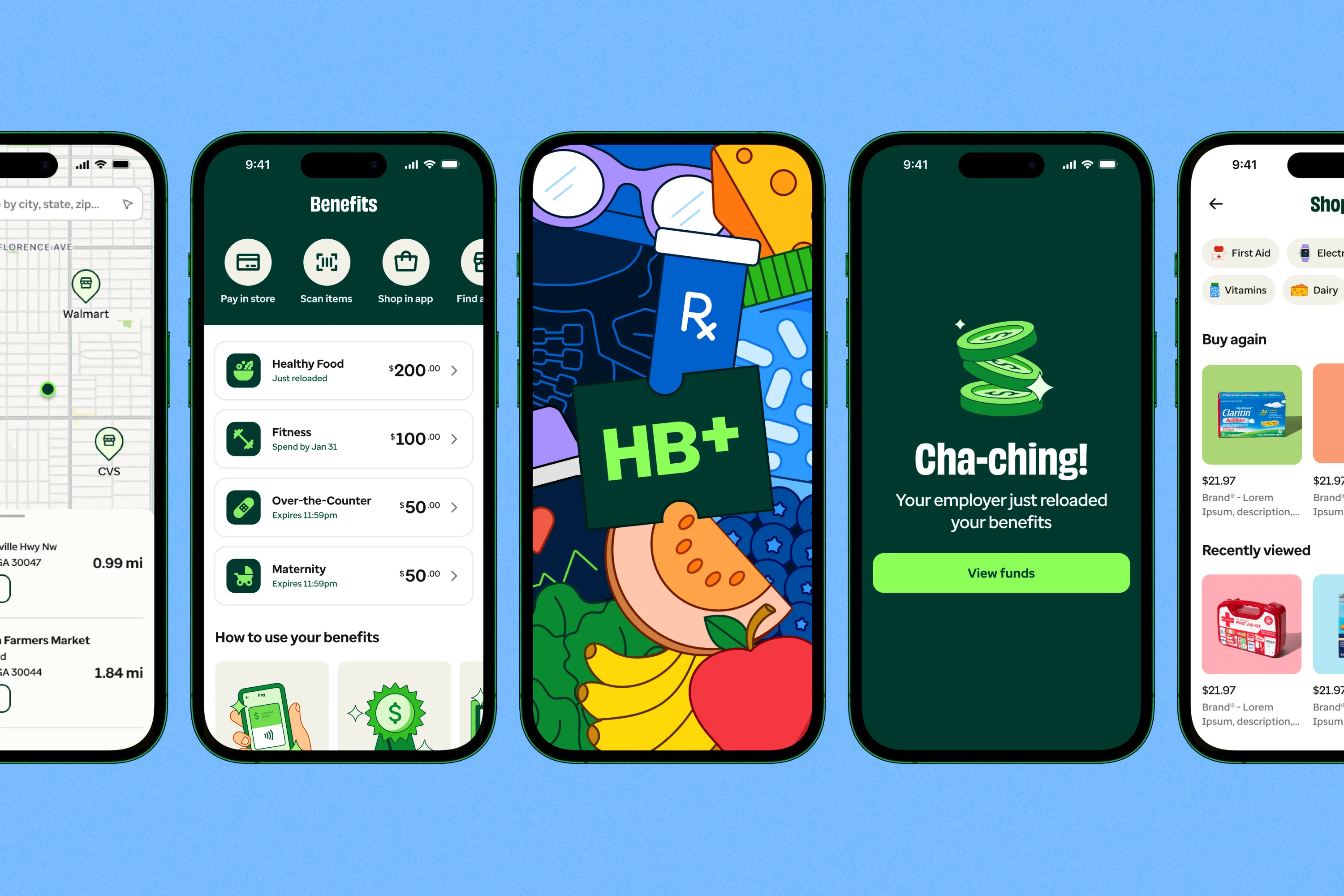 Healthy Benefits+ app screens for benefits, rewards, and purchases.