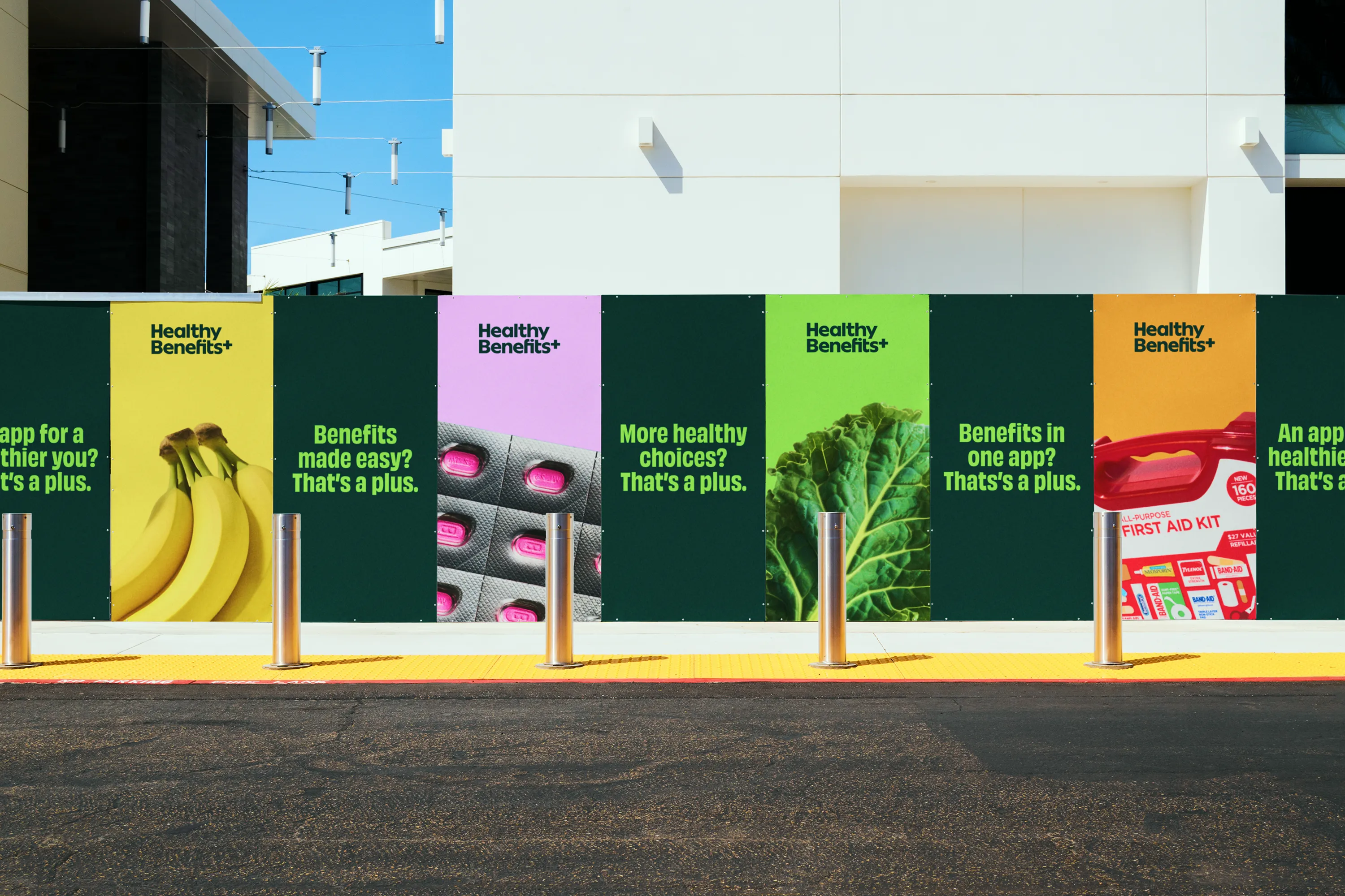 Healthy Benefits+ outdoor campaign with oversized fruit and everyday products.