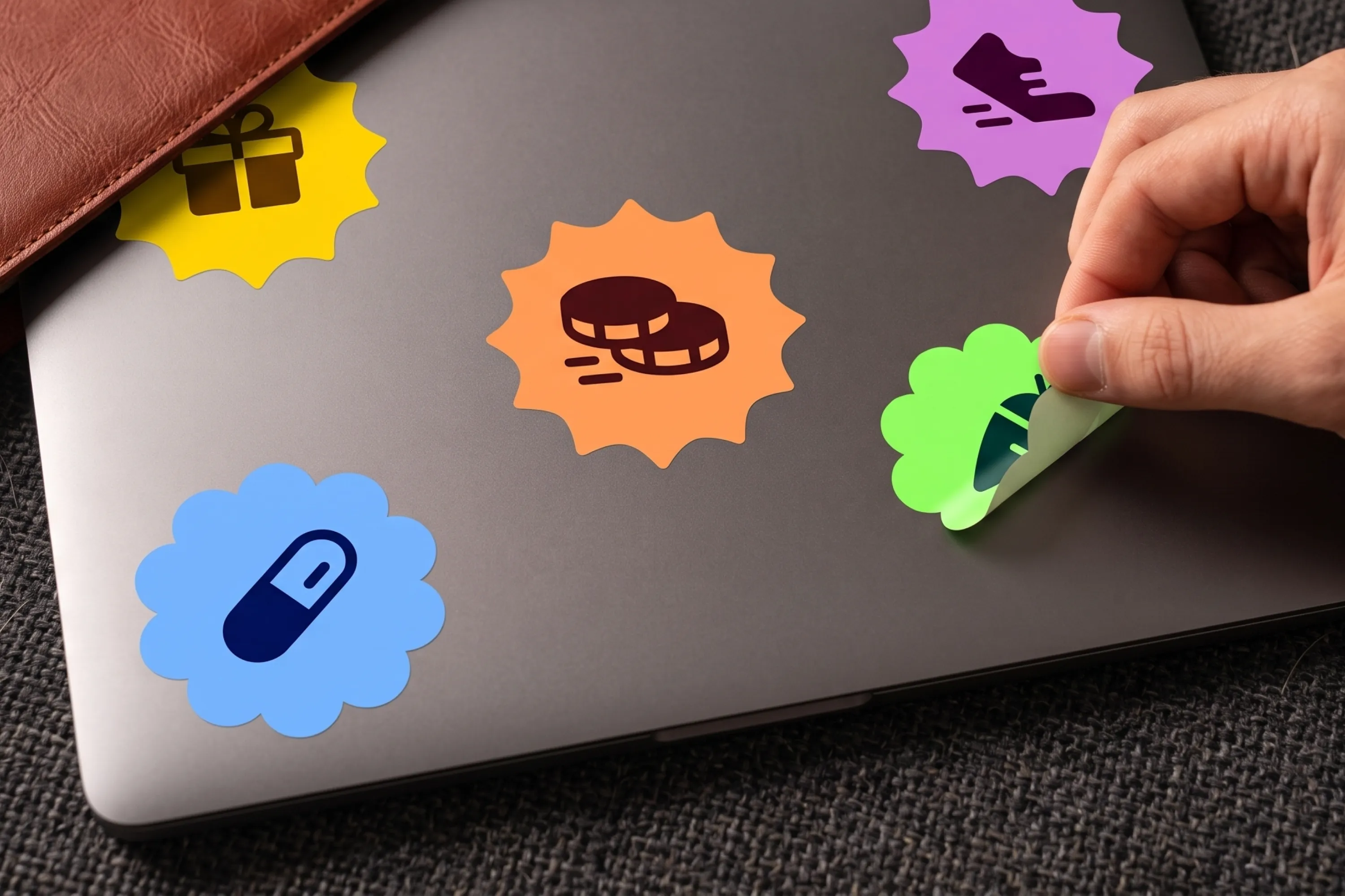 Colorful Healthy Benefits+ stickers on a laptop.