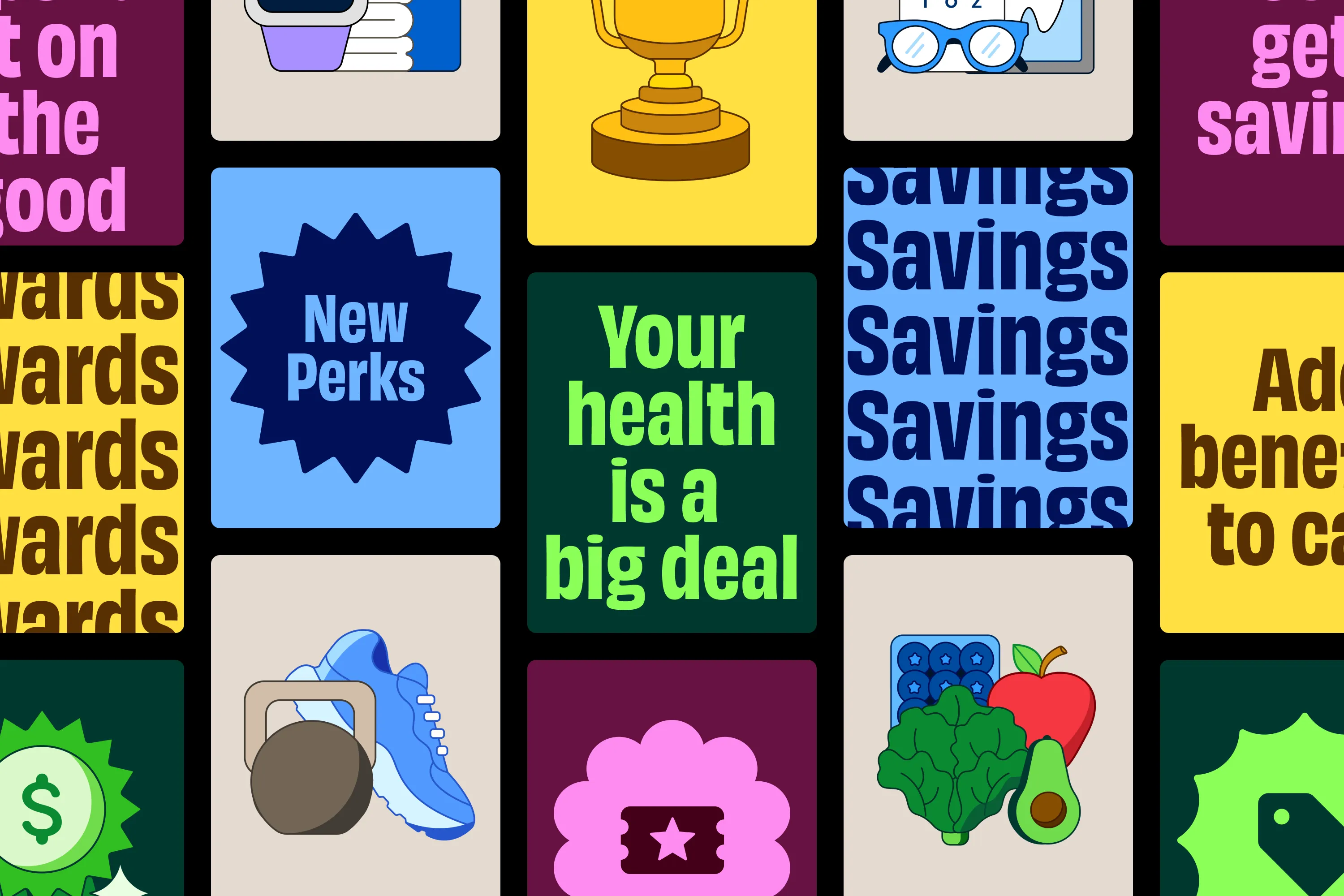 Healthy Benefits+ illustration and messaging system with rewards and savings.