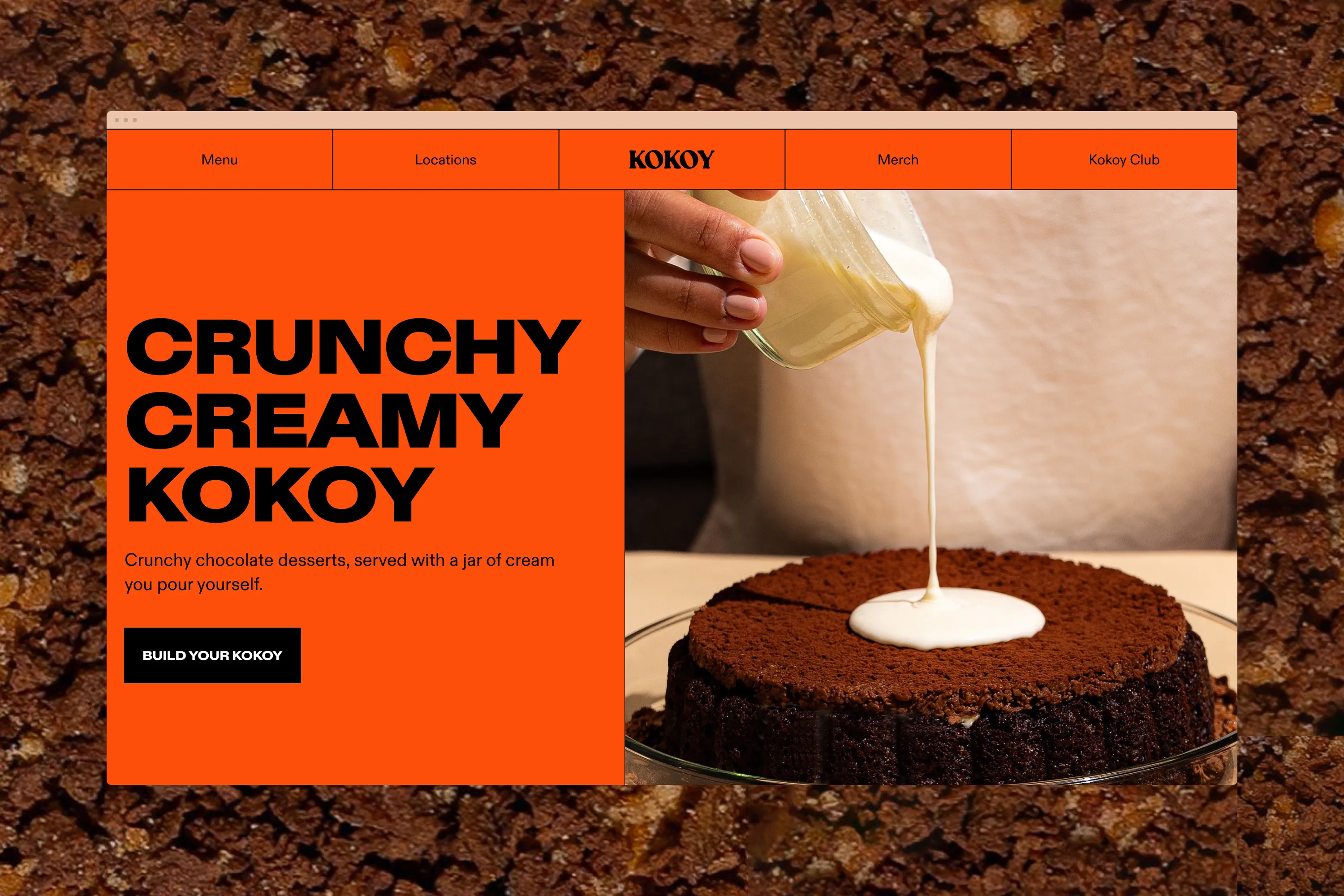 Kokoy website featuring cream poured onto a chocolate dessert.