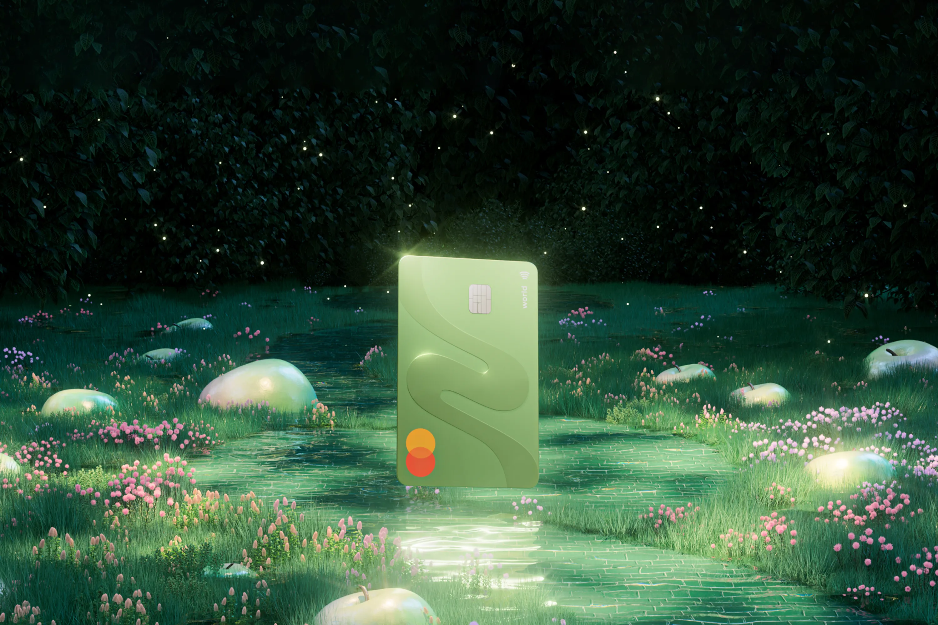 A glowing green Ness card in a magical landscape of flowers, water, and wellness objects.