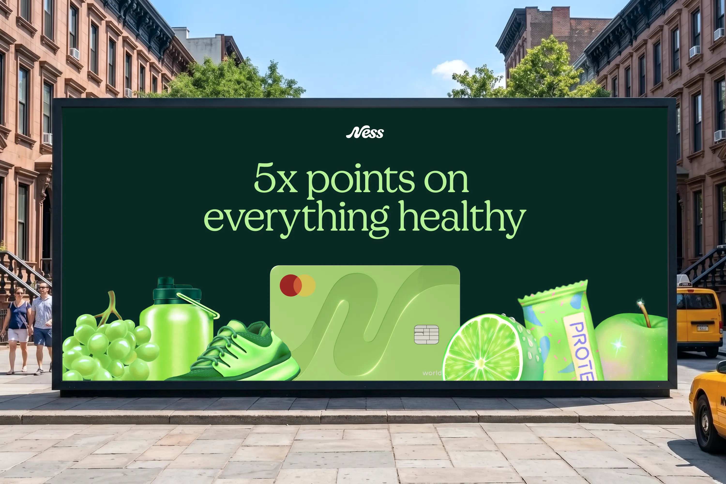 Ness street billboard with a green card and wellness products under “5x points on everything healthy”.
