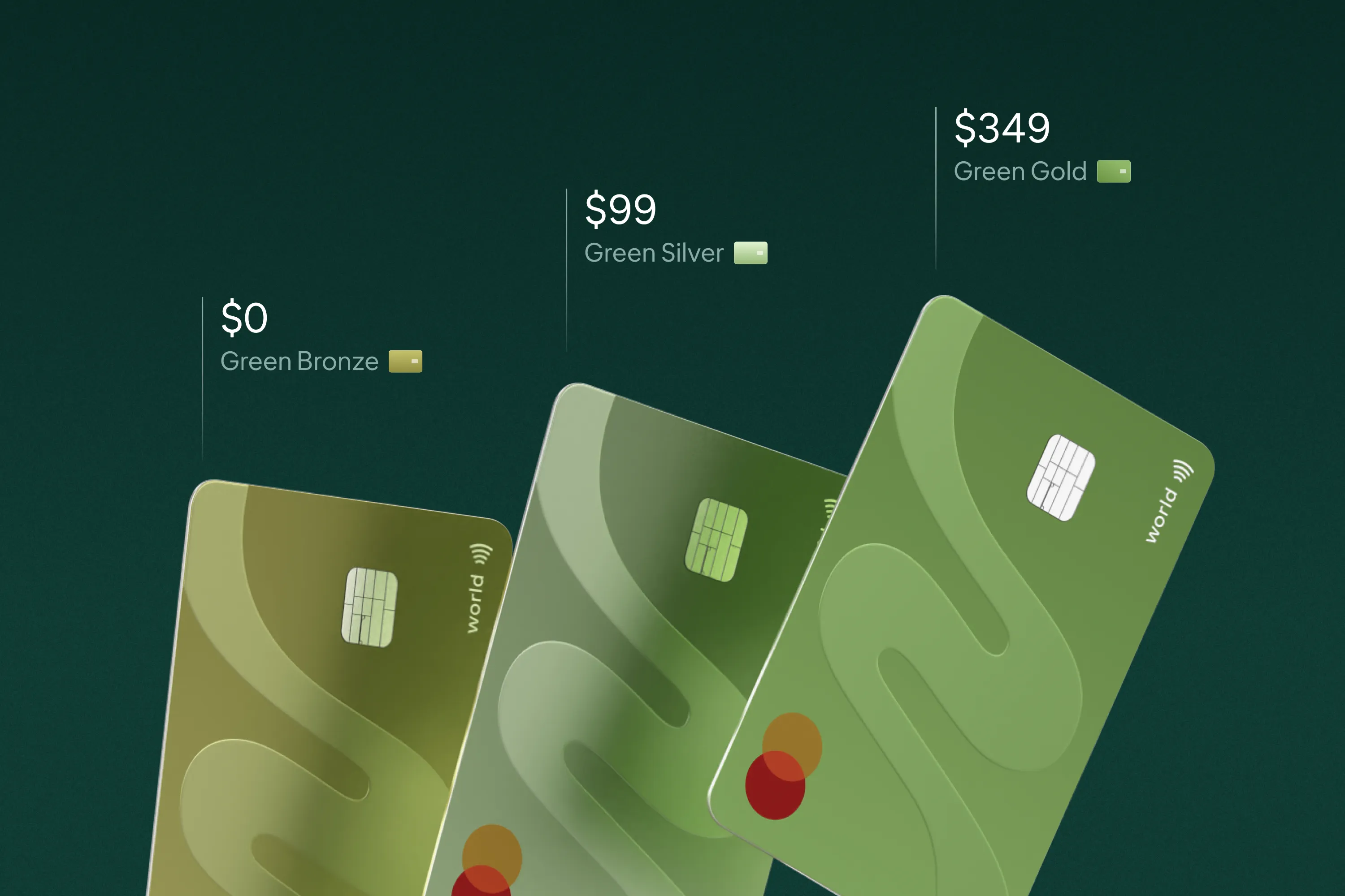 Three green Ness cards: Green Bronze at $0, Green Silver at $99, and Green Gold at $349.