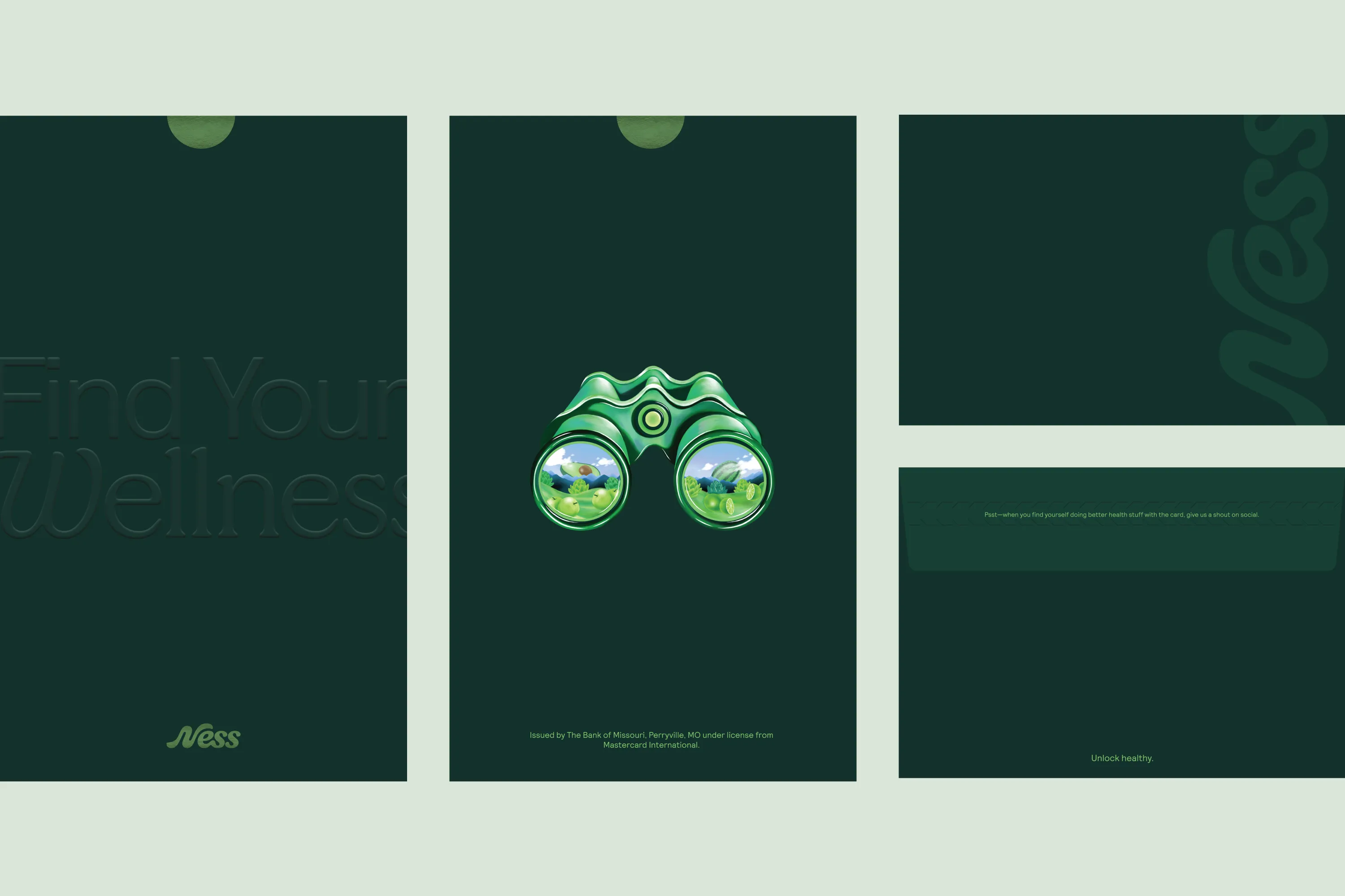 Ness packaging and identity layouts with Find Your Wellness typography and green binoculars.