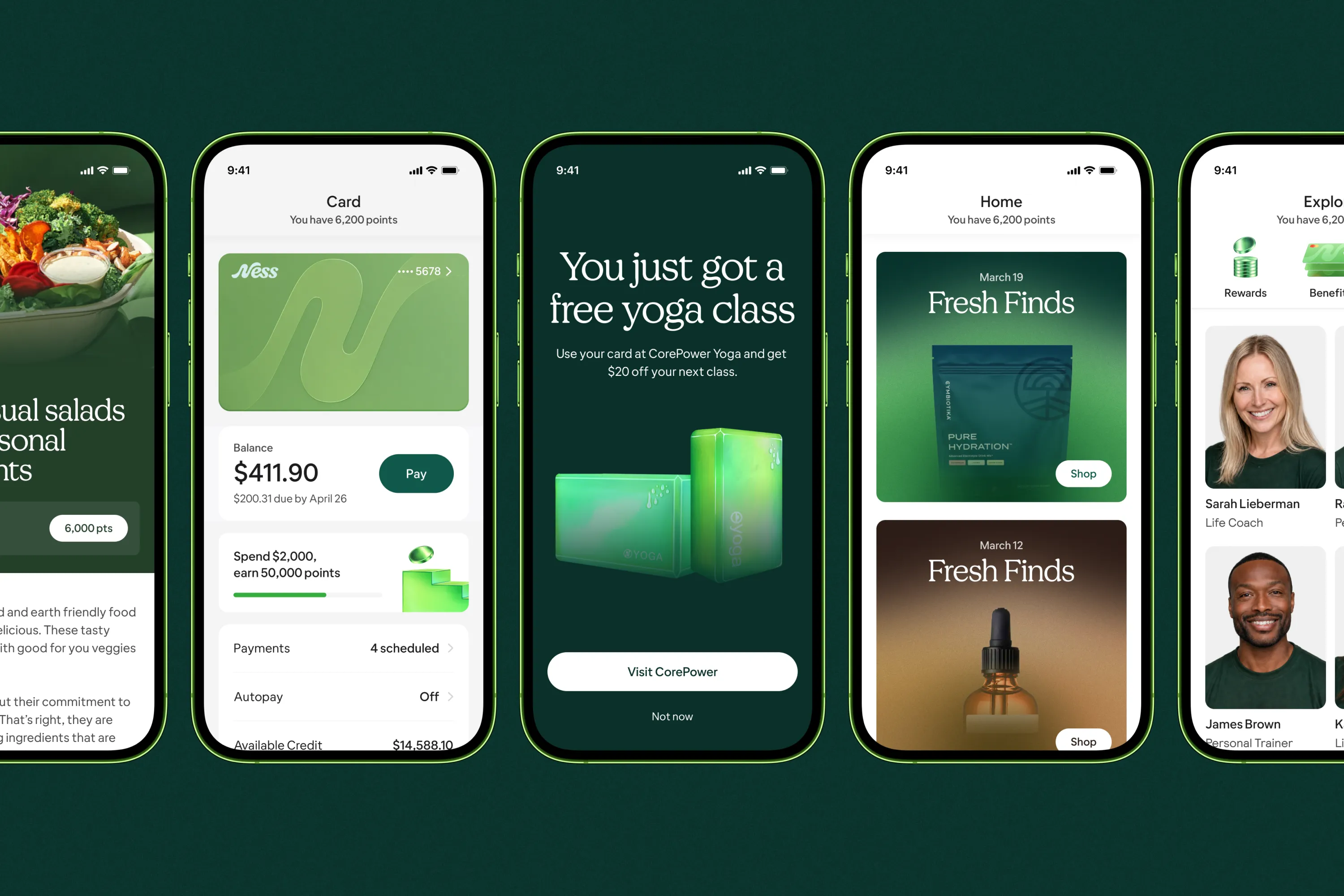 Ness app screens showing a card balance, a free yoga class reward, and wellness discoveries.