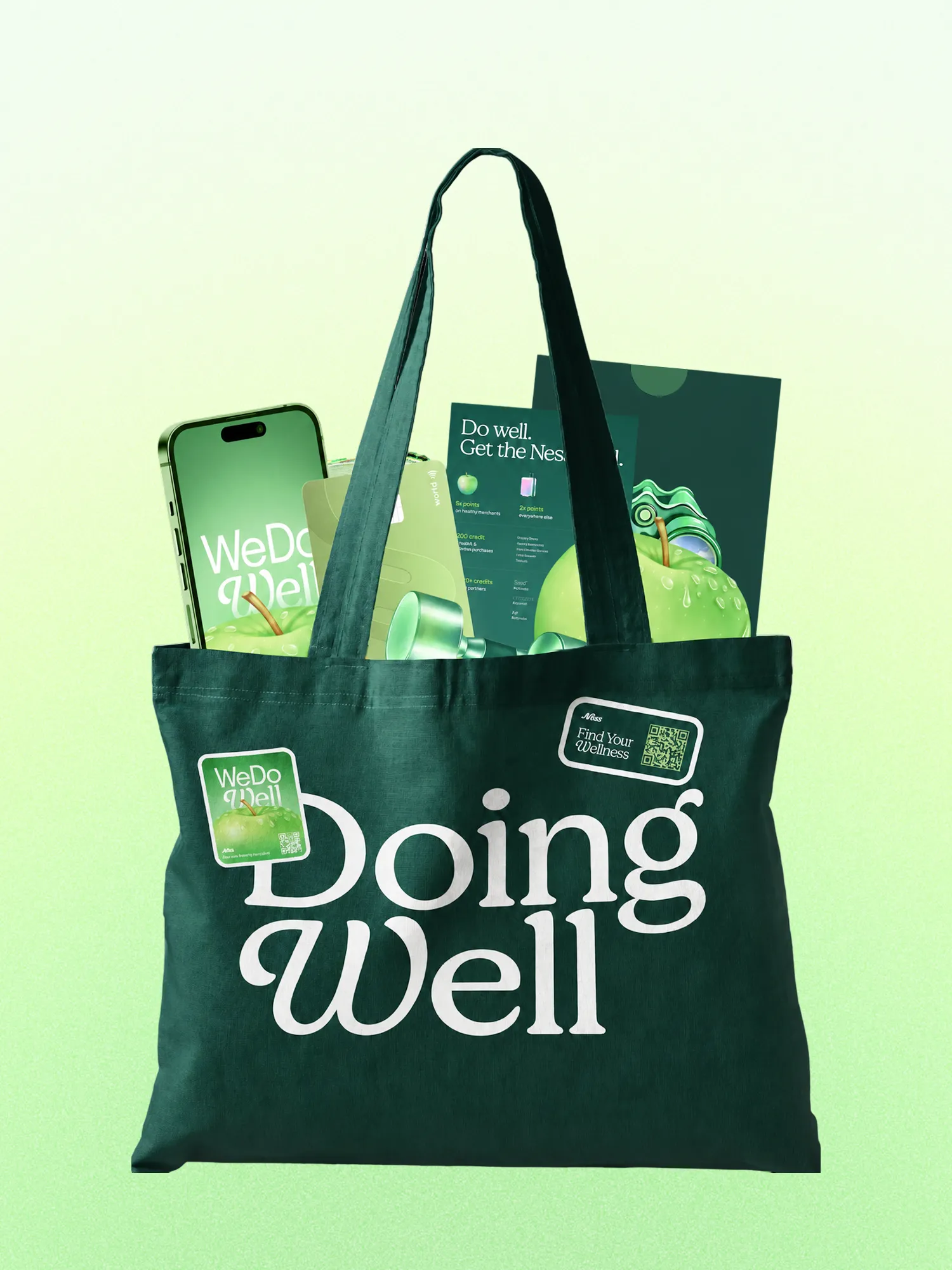 A green Doing Well Ness tote filled with wellness products.