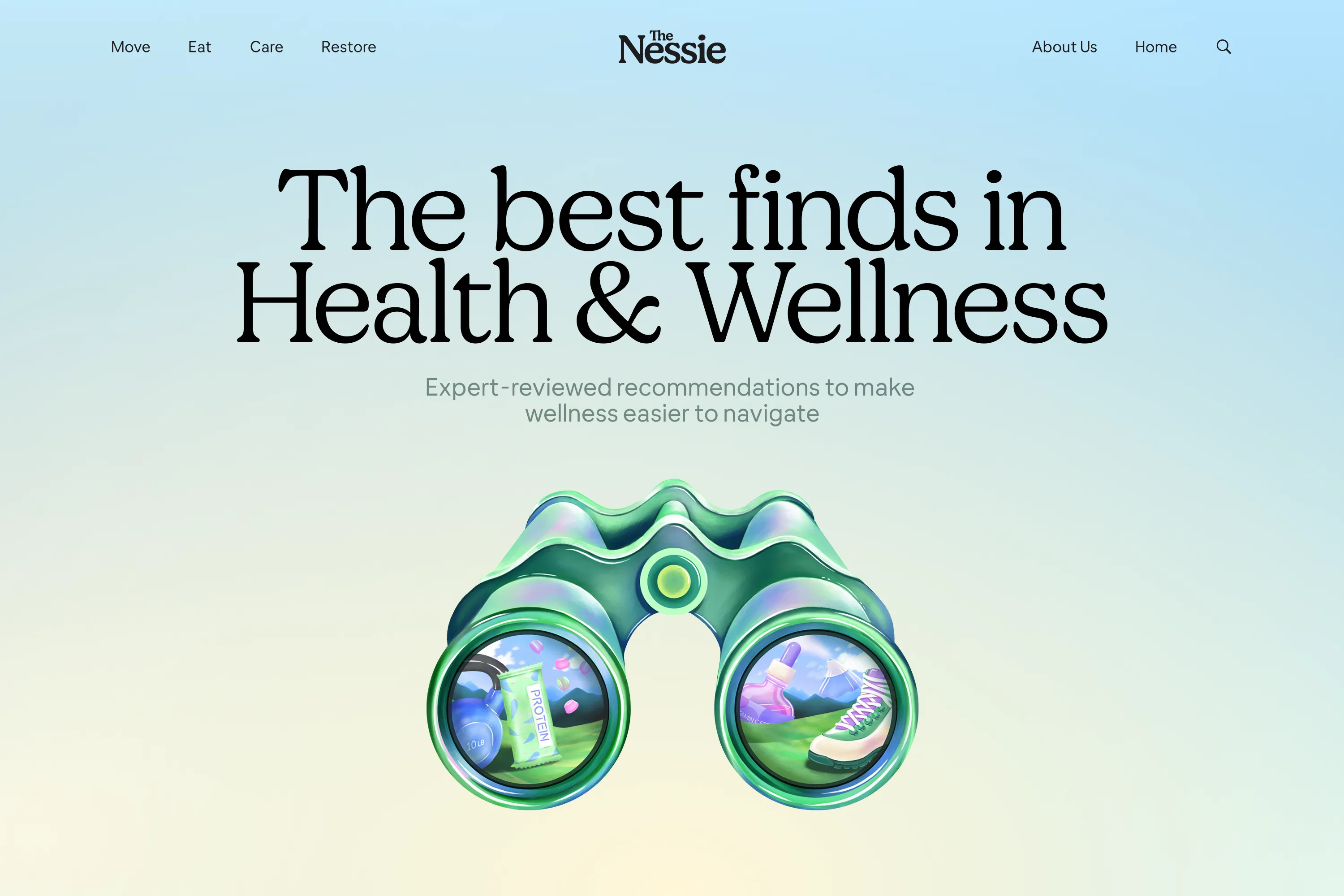 The Nessie homepage with wellness recommendations and illustrated binoculars.