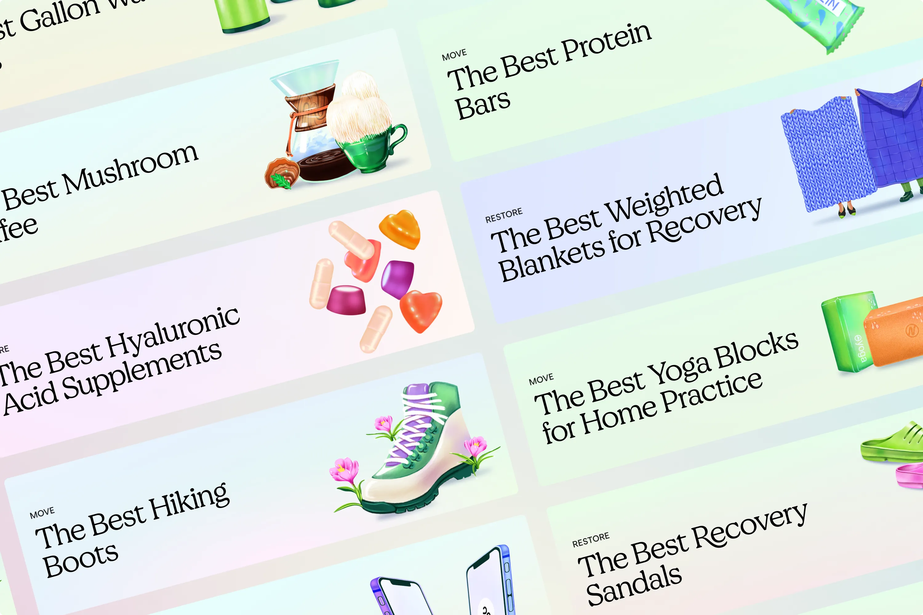 The Nessie editorial cards featuring wellness products and recommendations.