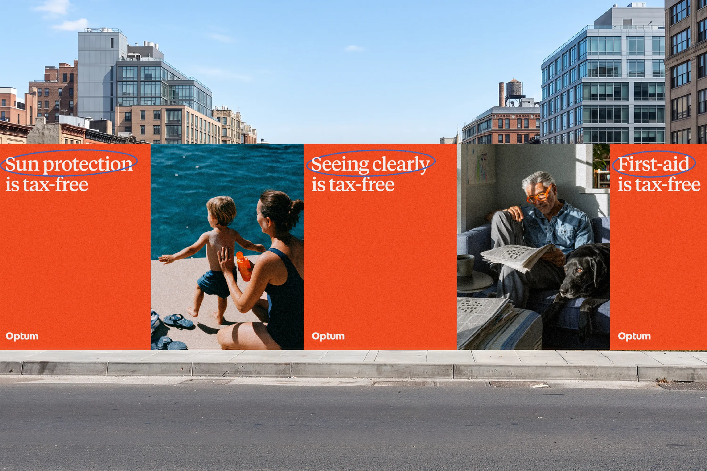 Optum outdoor campaign showing tax-free healthcare purchases.