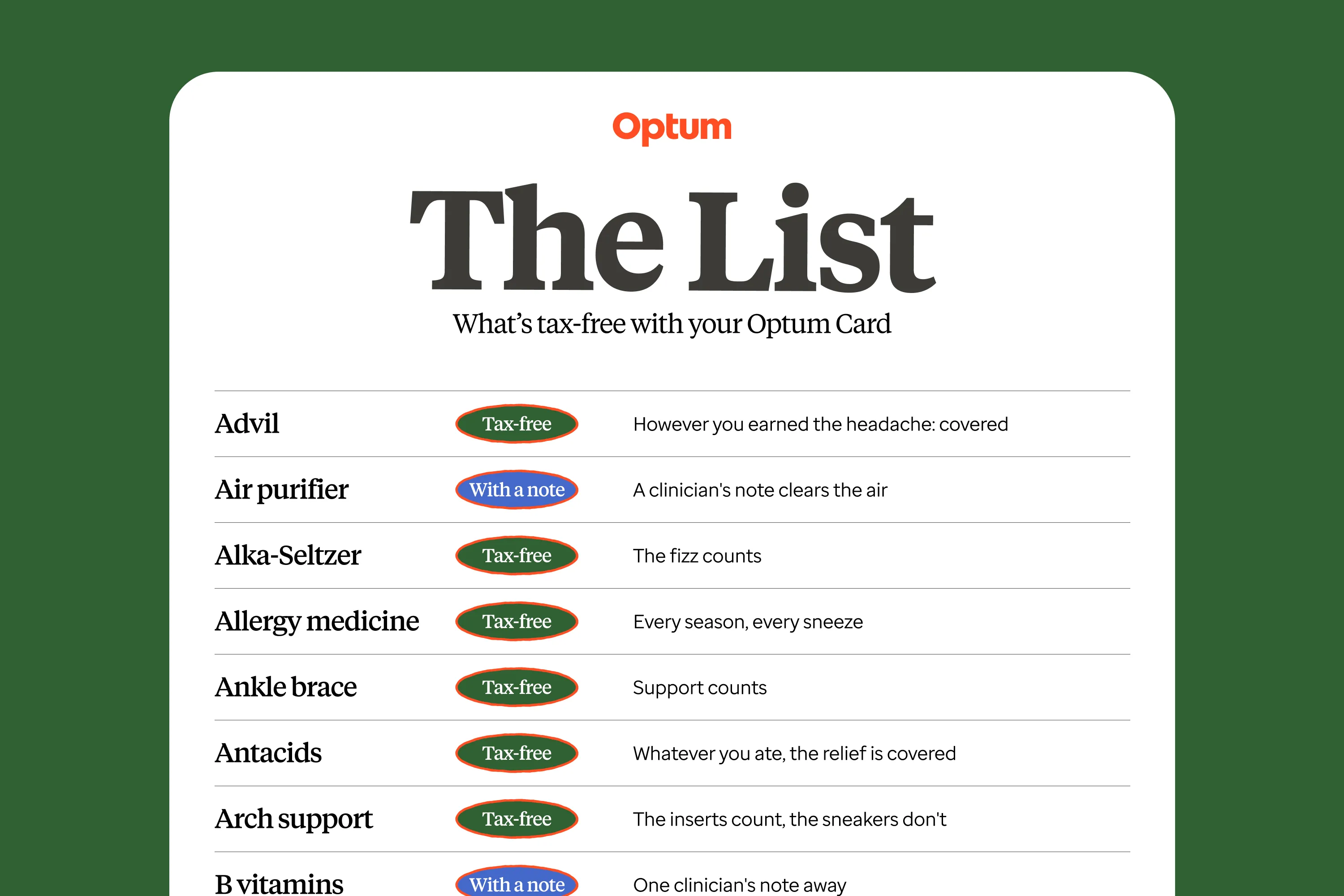 The List of tax-free purchases available with an Optum card.