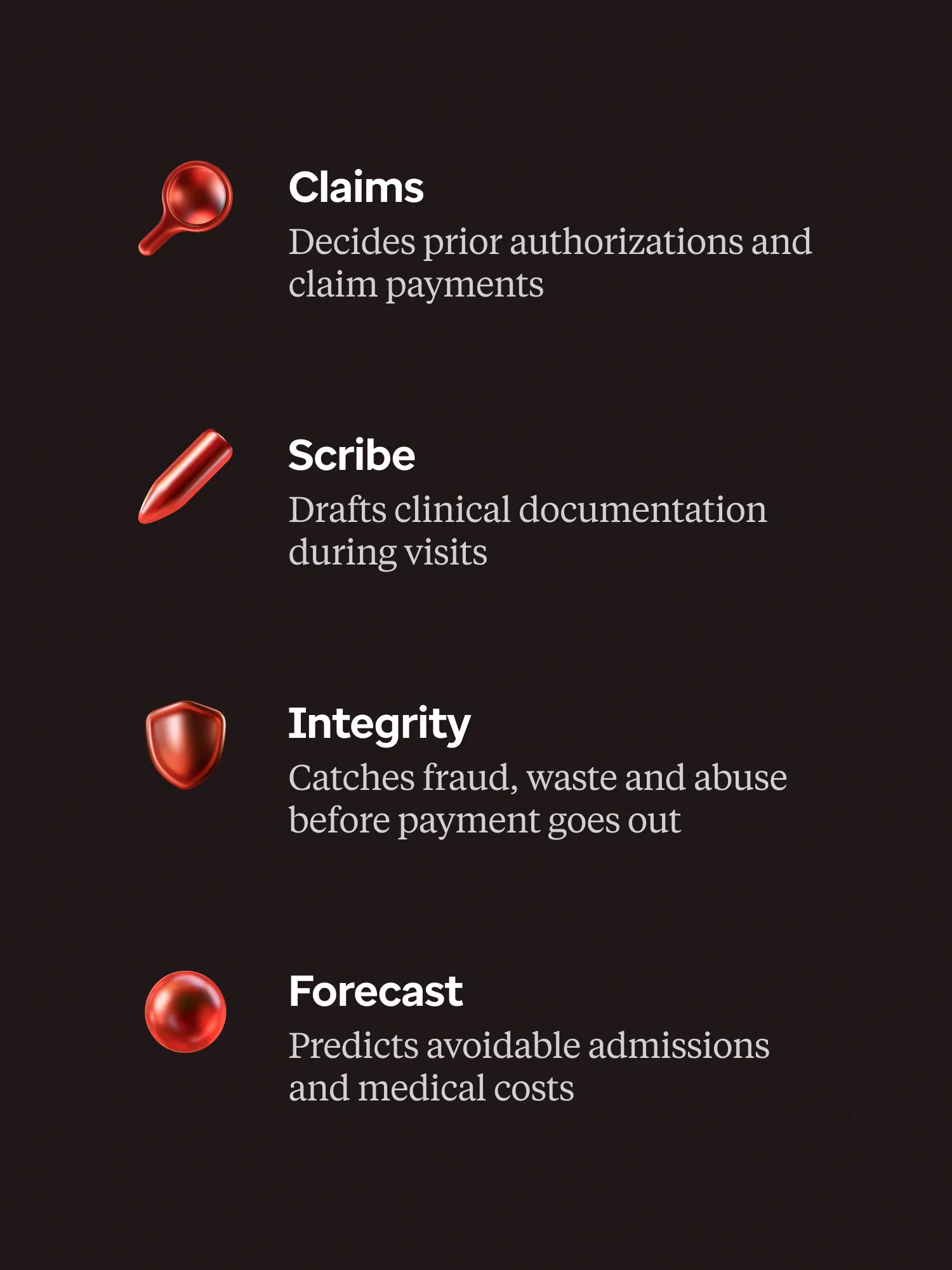 Optum AI capabilities for claims, clinical documentation, integrity, and forecasting.