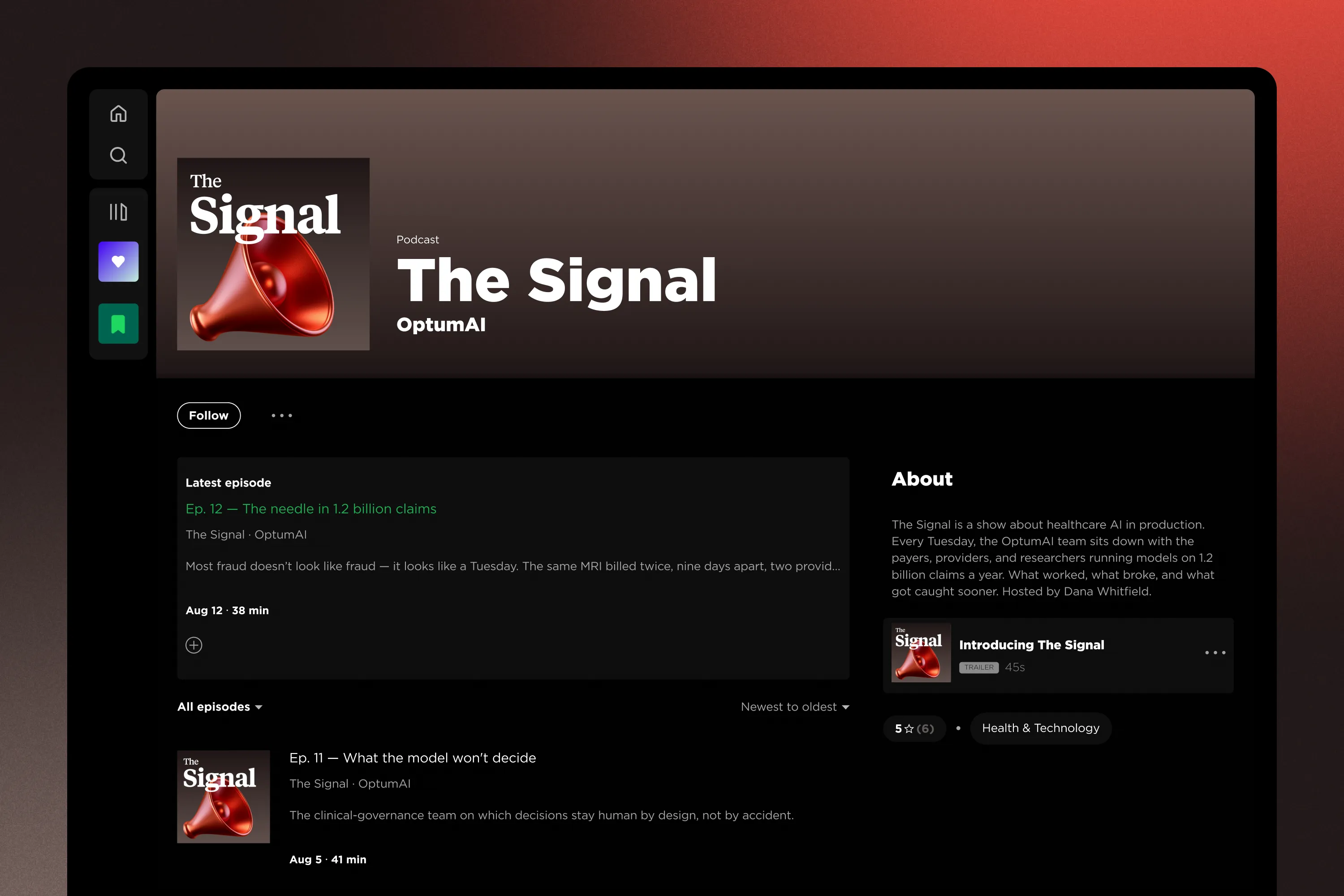 The Signal healthcare AI podcast page with red sculptural brand artwork.
