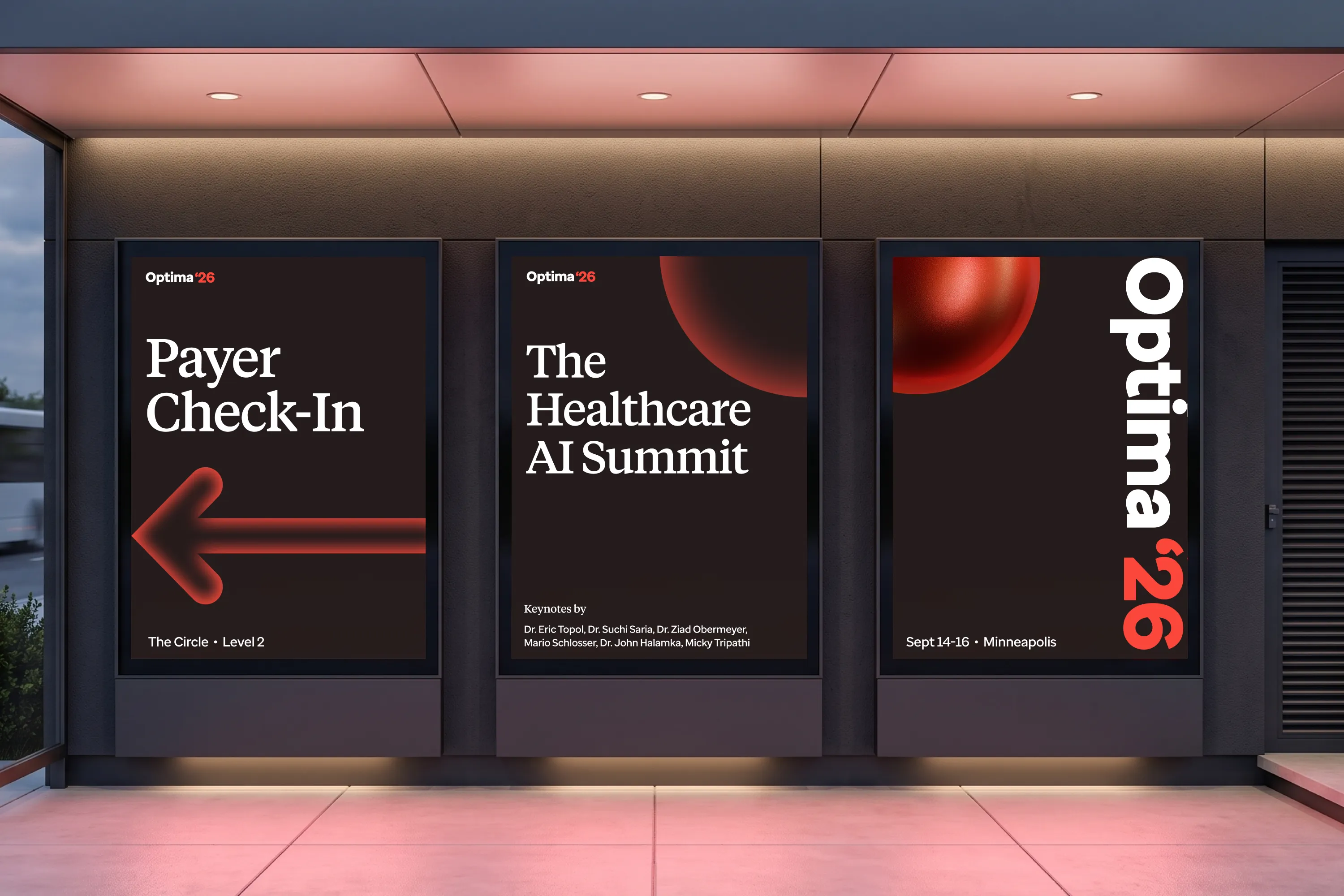 Optima 26 conference signage for payer check-in and the Healthcare AI Summit.