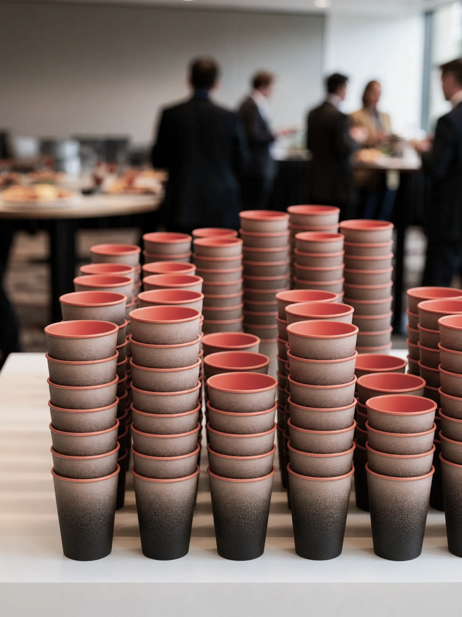 Optima conference cups arranged at a hospitality table.