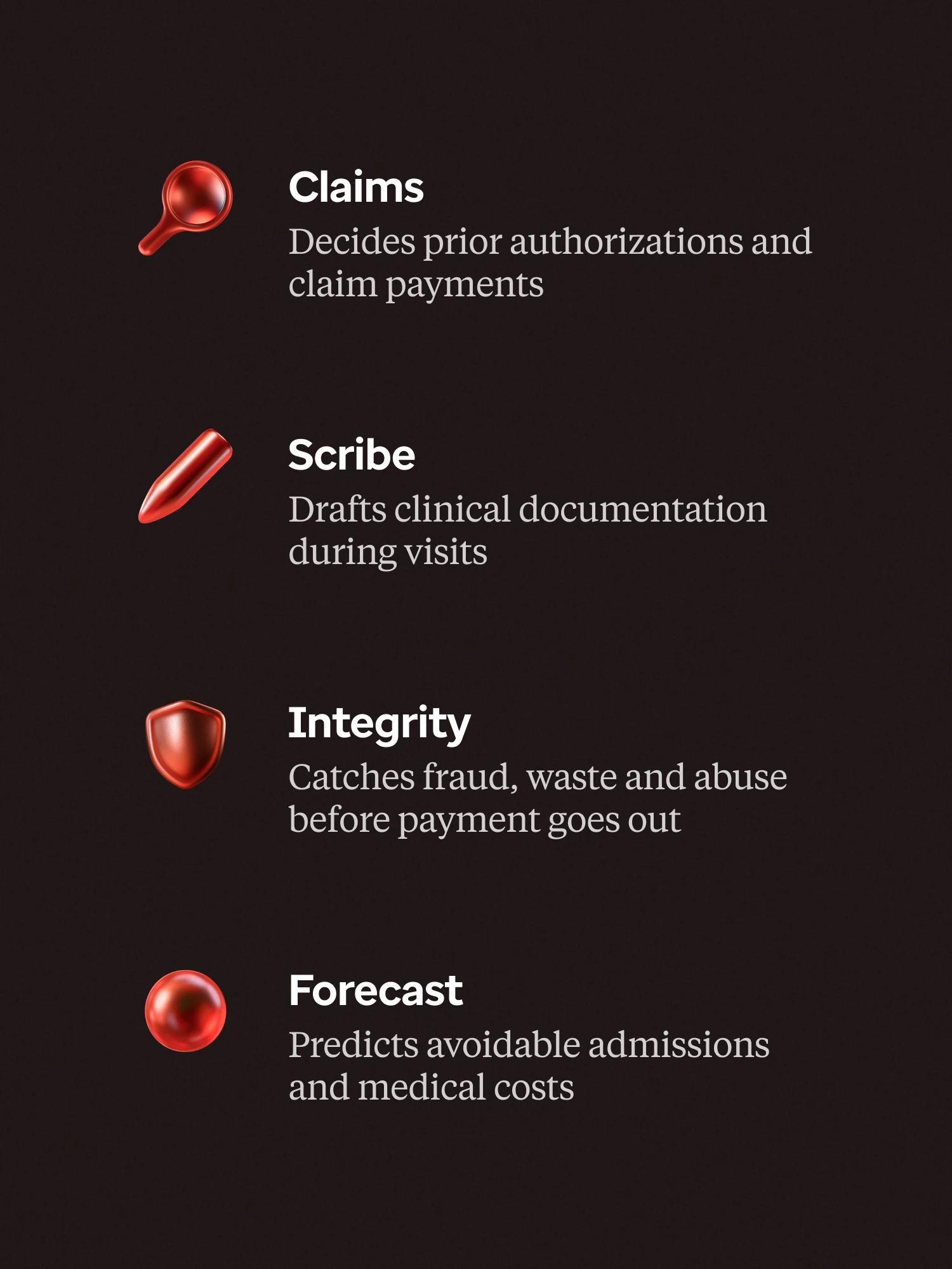 OptumAI capabilities for claims, clinical documentation, integrity, and forecasting.