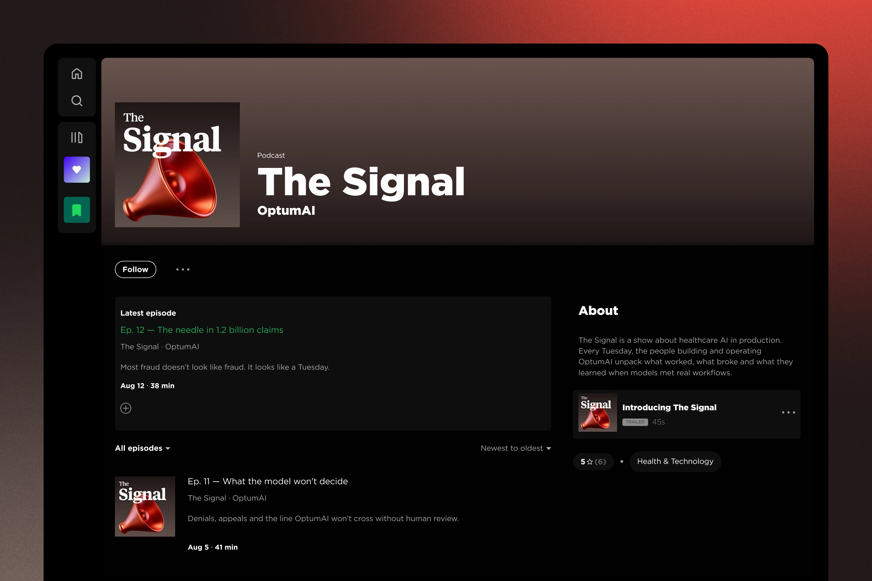 The Signal healthcare AI podcast page with red sculptural brand artwork.