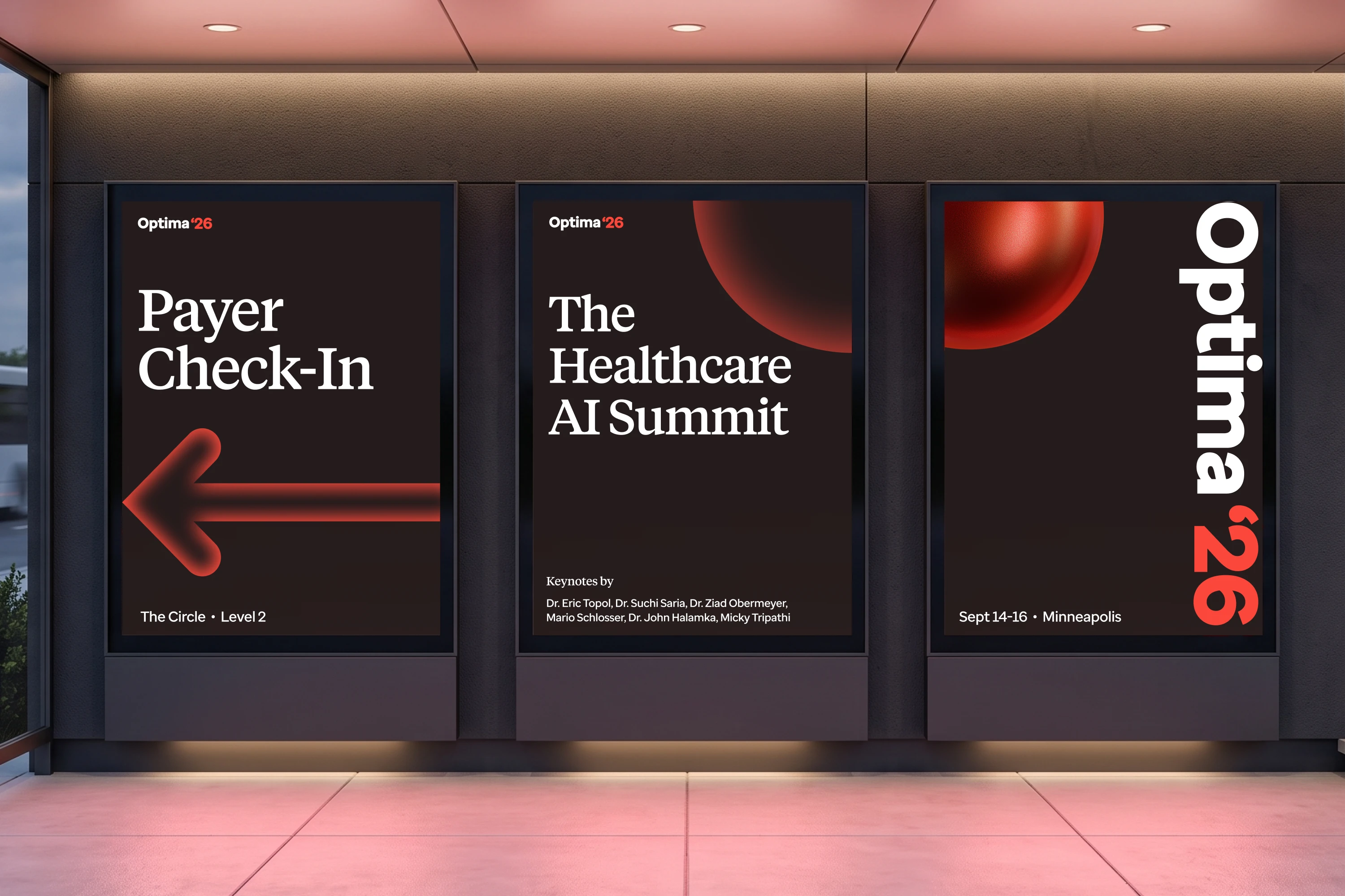 Optima 26 conference signage for payer check-in and the Healthcare AI Summit.