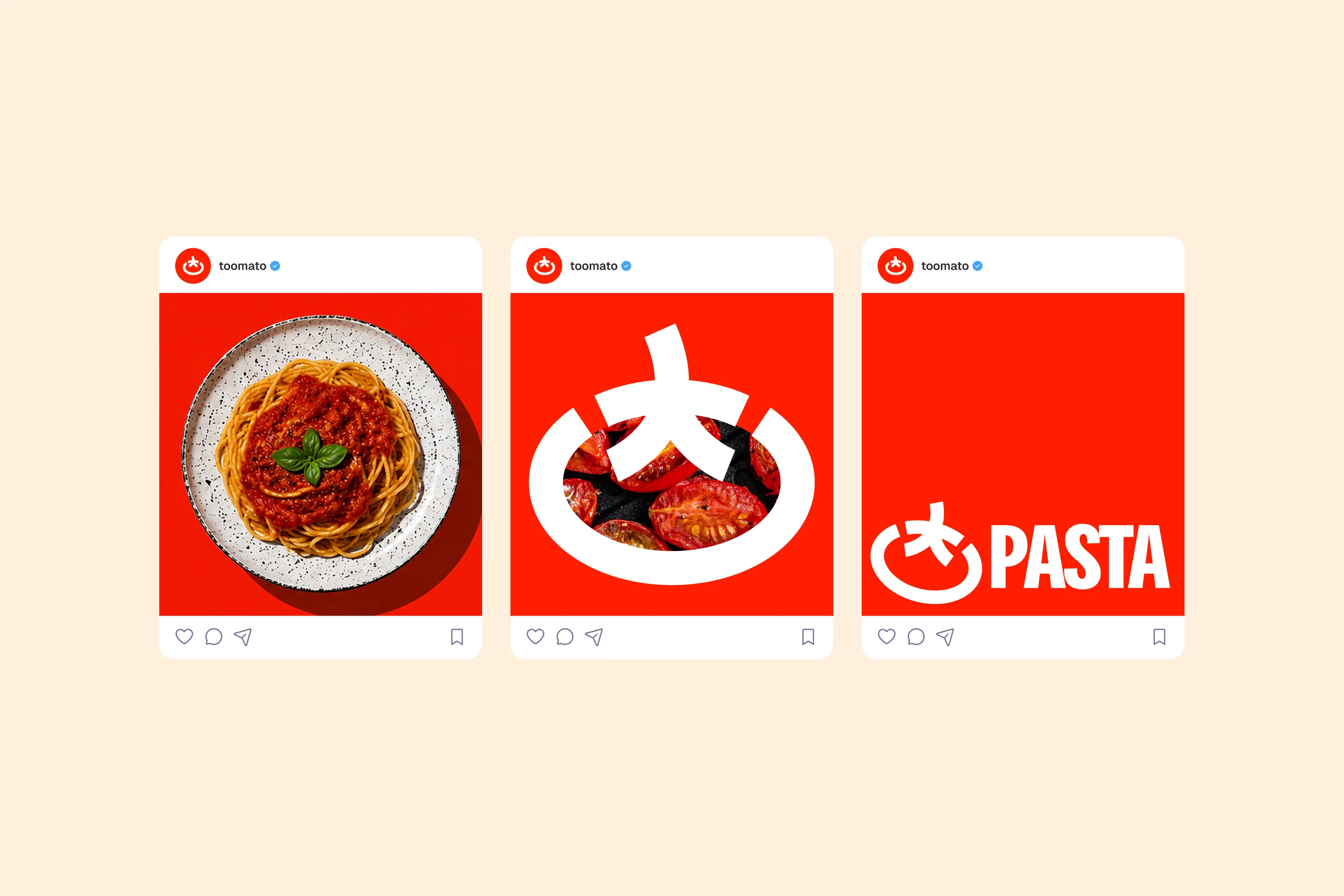Toomato social posts combining food photography and the tomato symbol.