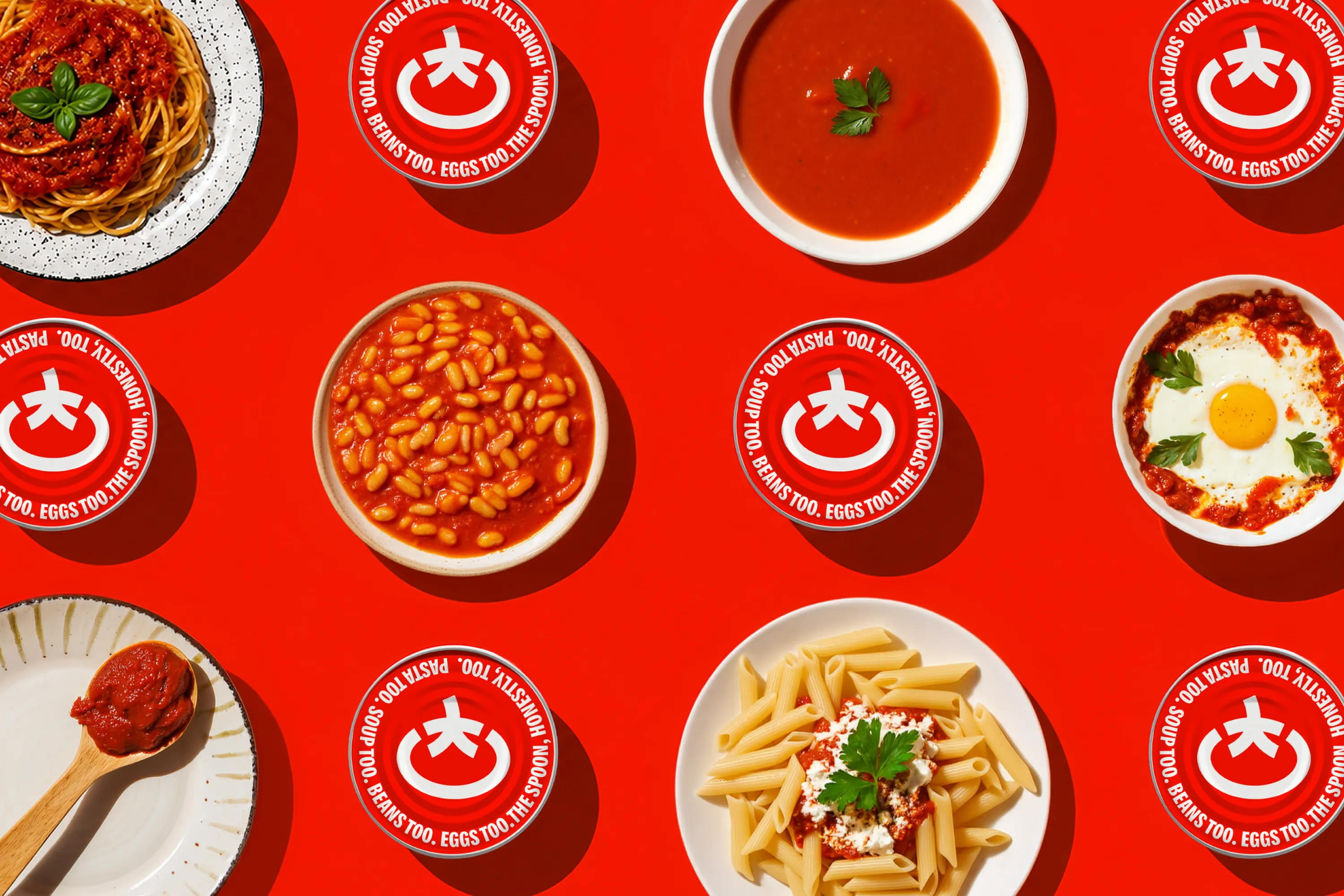 Toomato packaging among plates of tomato-based meals.